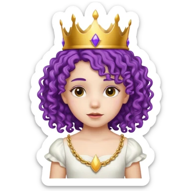 Princesses kid girl, with Gold Crown on purple curly hair, with white dress sticker