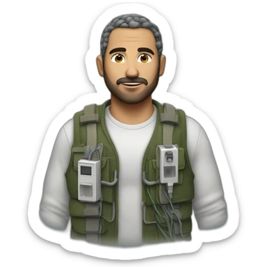 man with keffiyeh wearing bulky vest with electrical wires connecting pockets sticker