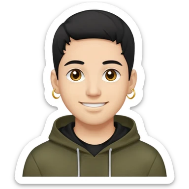 man with smiley face, black hair military cut, brown eyes, wearing 2 circle earrings and a black hoodie sticker