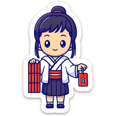 Cute Japanese high school girl buying omamori charm at shrine during school trip sticker