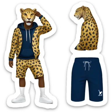 Leopard standing on two feet and having a ralp louren navy blir sip up hoodie on and white shorts  sticker