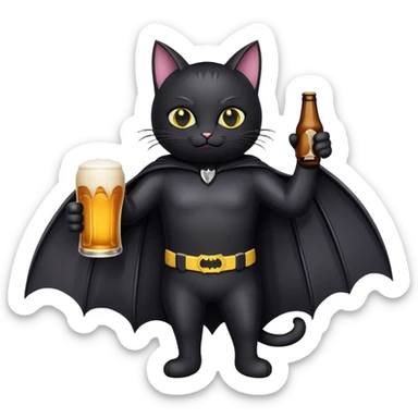 Black cat wearing a bat suit holding a beer sticker