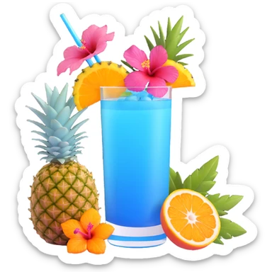 vibrant tropical fruity blue cocktail with hibiscus, pineapple and orange garnishes sticker