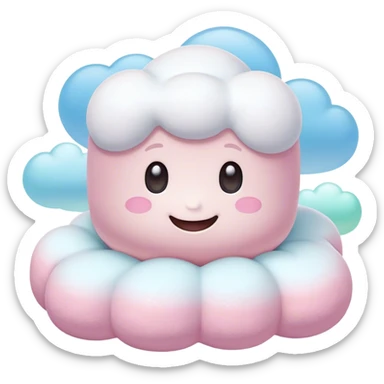 Cinematic fluffy pastel marshmallow character, soft round edges, tiny sparkly eyes, a small happy smile, glowing warmly, floating in a dreamy soft sky. sticker