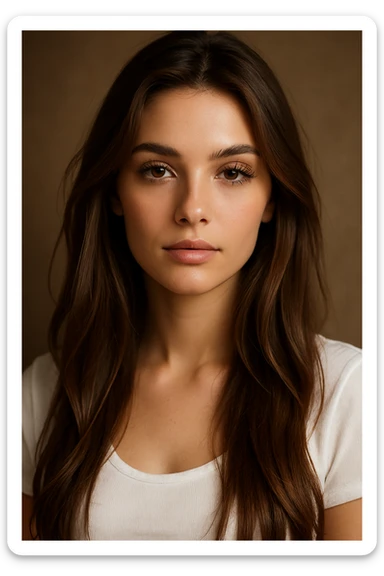 pretty girl with long brown hair, long eyelashes, wearing a white top, attractive facial features, portrait, detailed, beautiful lighting sticker