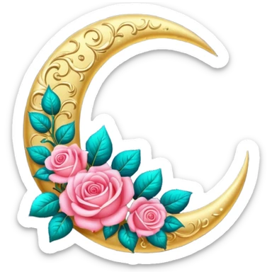 Romantic shiny sparkly glossy glittery vintage crescent damask moon with roses sticker