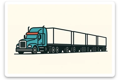 A road train: a semi truck with four trailers, cyan cab, red bug shield, clean and simple. sticker