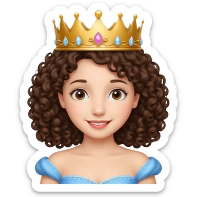 A brunette curly hair girl with a princess crown smiling gently. sticker