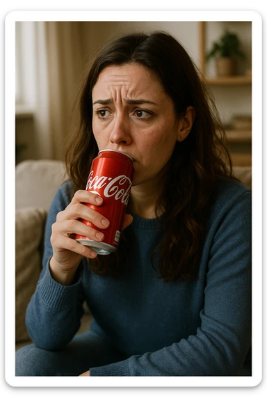 donna con ansia. Che beve coca cola. Immagini realistiche sticker