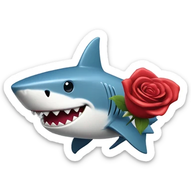 A shark with a big smile holding a rose and a big heart shaped box of chocolates sticker