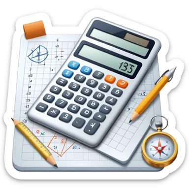 An icon featuring mathematical formulas, a calculator, and geometric shapes, symbolizing mathematics. The design includes numbers, a ruler, and a compass, representing the study of numbers, logic, and equations. Transparent background highlights the science of calculation and analysis sticker