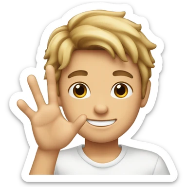 boy with brown hair and blond highlights who smiles and makes the sign of the horns with his hand sticker