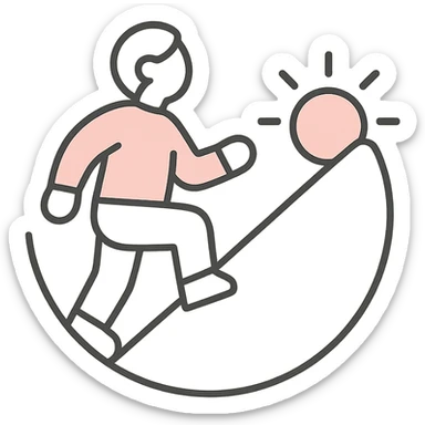 self improvement logo, geometric shapes, rising sun, person climbing, bold purple and gold colors sticker