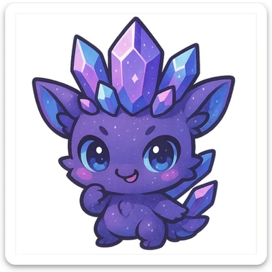 chibi kawaii crystal sprite creature, purple, blue, and pink colors, mischievous expression, cute and adorable sticker
