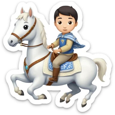 “A Chinese little boy is riding a cute white small horse, and the horse is running. The blanket on the saddle says ‘2026.’” sticker