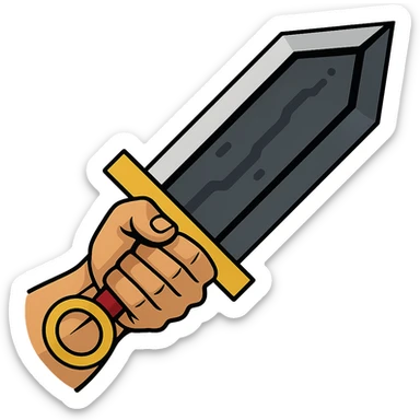 Add a strong hand gripping the hilt of the large Berserk-inspired sword, keeping the dramatic fantasy style and metallic textures, with no background. sticker