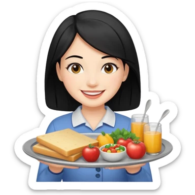 A woman black hair is holding a tray of food. sticker
