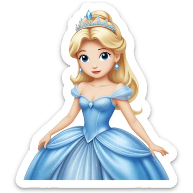 Cinematic Realistic Cinderella Portrait, showcasing her regal elegance in a full ball gown rendered with exquisite detail. Her fair, luminous skin and lustrous blonde hair are highlighted by subtle, shimmering accents and gentle natural light, evoking a magical, transformative aura. sticker