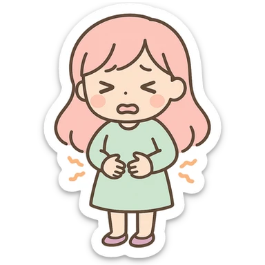 hungry woman holding her belly, face looks very uncomfortable, anime style, full body sticker
