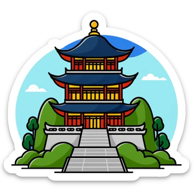 Taoist temple on a misty mountain sticker