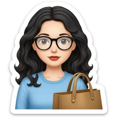 A white girl with black wavy long hair, wearing Wearing glasses and Crossing a tote bag sticker