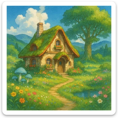 a cozy cottage in a magical landscape, Ghibli style sticker
