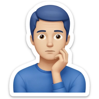 Close-up of a male character in blue clothing, with a thoughtful expression and hand resting on his chin, symbolizing deep thinking. Minimalist, modern style, focusing on facial expression and attire sticker