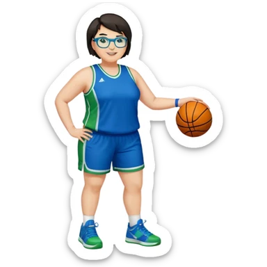 Full Body plus size white female basketball player with short dark hair with highlights spike hair wearing blue glasses  wearing blue green uniform  green sneakers smiling sticker