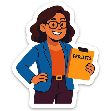 a cheerful and confident female project manager in a business casual outfit, smiling sticker