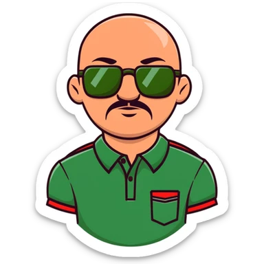 muscular bald man with a red chin goatee, wearing a dark green polo shirt and dark green glasses sticker