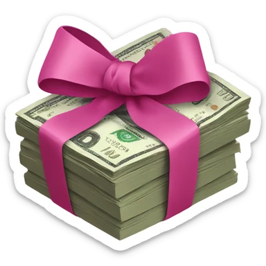 money stack wrapped in dark pink bow sticker