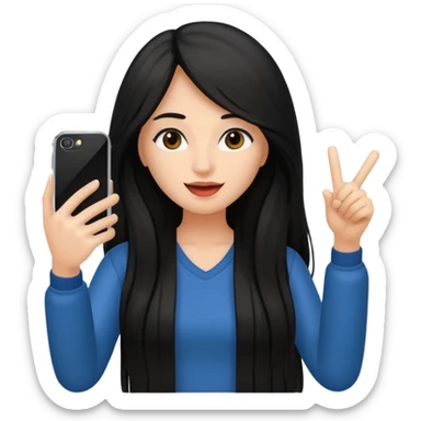 black long haired woman holding her phone having selfie sticker