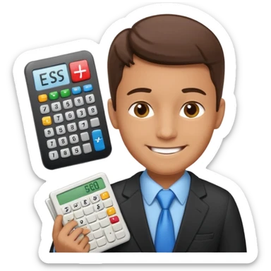 emoji, of a male AUDITOR smiling with Finance spreadsheet , a calculator,plus ADD A puzzle and a Balance for accounting. sticker