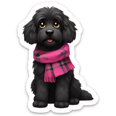 Black fluffy dog with a pink tartan scarf  sticker
