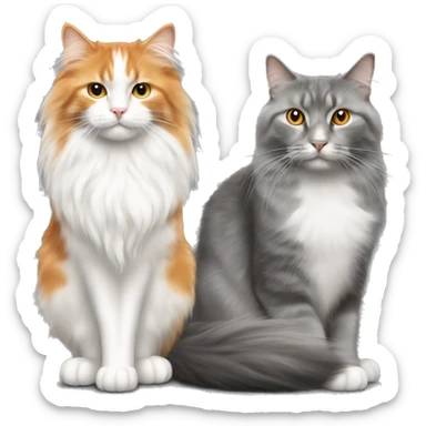 An orange and white long haired cat sitting next to a grey long haired cat sticker