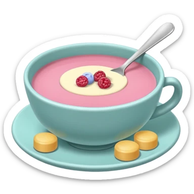 tazita de sopa, pastillas en estilo aesthetic y una camita rosada. sticker