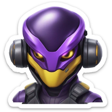 a shiny black-purple-yellow Genesect-Raptor-Fakémon—hybrid with a futuristic visor-helmet full bod sticker