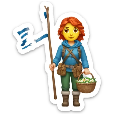 red hair female winter mountaineer with Easter basket and Greek flag sticker