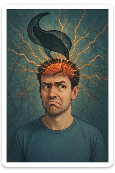 Uomo con espressione confusa e sbalzi emotivi visibili sul volto, in un ambiente surreale. Un'ombra astratta o un parassita trasparente (Toxoplasma gondii) si insinua nel cervello, con linee energetiche che influenzano le emozioni. Sfondo neurologico, atmosfera tesa, simbolismo mentale e parassitario. sticker