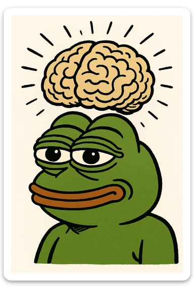 pepe the frog, brain expanded, meme illustration, humorous, comical sticker