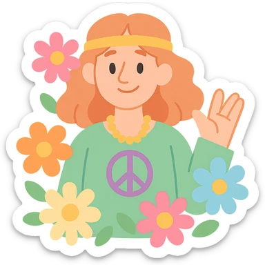 flower child, 1960s hippie, pastel colors, gentle smile, surrounded by flowers, soft illustration sticker