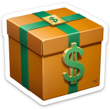 Closed box with smooth, rounded edges

Light honey‑brown tape strip with a glossy highlight

Flat green bill with a bold white dollar sign, anchored at the bottom left of the box

Slight soft shadow under the bill for depth

Plain white background for that crisp, emoji‑ready finish sticker