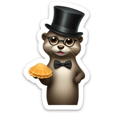 Cute Otter with glasses and top hat holding a lot of scallops sticker