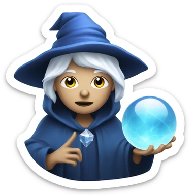 wise crone with white hair and blue witch hat  holding crystal ball sticker
