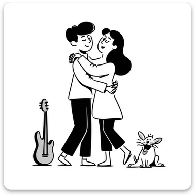 Two happy musicians hugging each other, smiling, friendly embrace, musical instruments nearby sticker