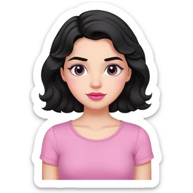 Girl with medium length black wavy thick hair, fair skin, small lips, thick eyebrows, black eyes, small pink lips, thick eyebrows, small nose, with little smile, in pink top sticker