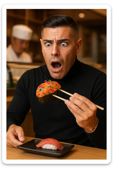 a man sits at a sushi bar, holding his chopsticks above a gunkan of salmon. As he looks closely, he notices visible parasites and bacteria—depicted as small worms and colorful bacterial shapes—on the surface of the sushi. His eyes widen and his mouth opens in shock, clearly alarmed. The background shows the sushi counter and chef, but the focus is on the man’s reaction and the contaminated sushi. sticker
