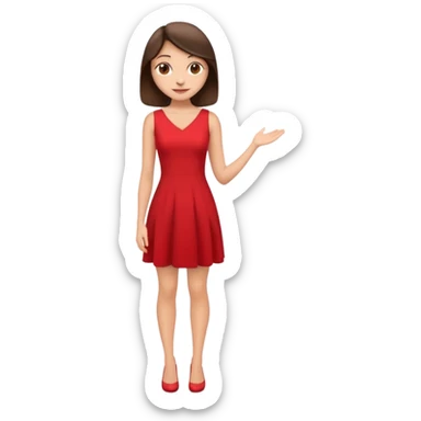 Cartoon emoji of a young brunette woman with fair-medium skin, brown eyes, wearing a red outfit. Full-height, standing confidently in a red dress  posing sexy with a smile and relaxed posture. Smooth, friendly, stylized, make up on, flirty eyes and smile sticker