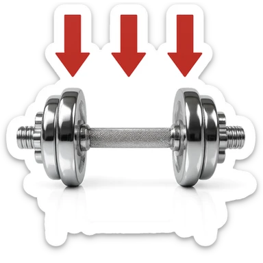 realistic chrome dumbbell with red arrows pointing down, reflective effect, isolated on white background sticker