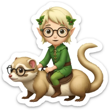 tiny forest elf blode hair with round glasses riding a ferret sticker